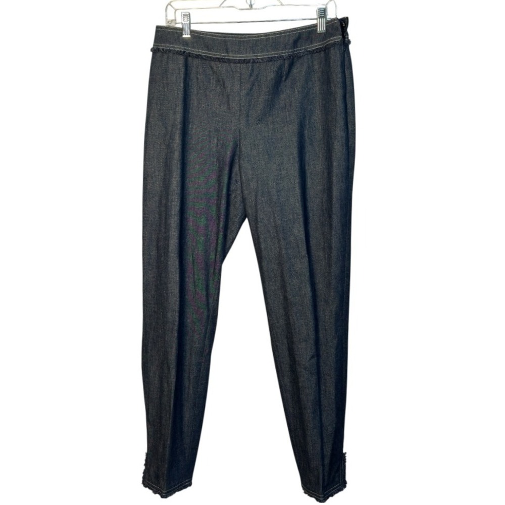Escada Denim Blue Trousers Cotton Fringed Waist Hem Pull On Pants SZ 40 US SZ 10